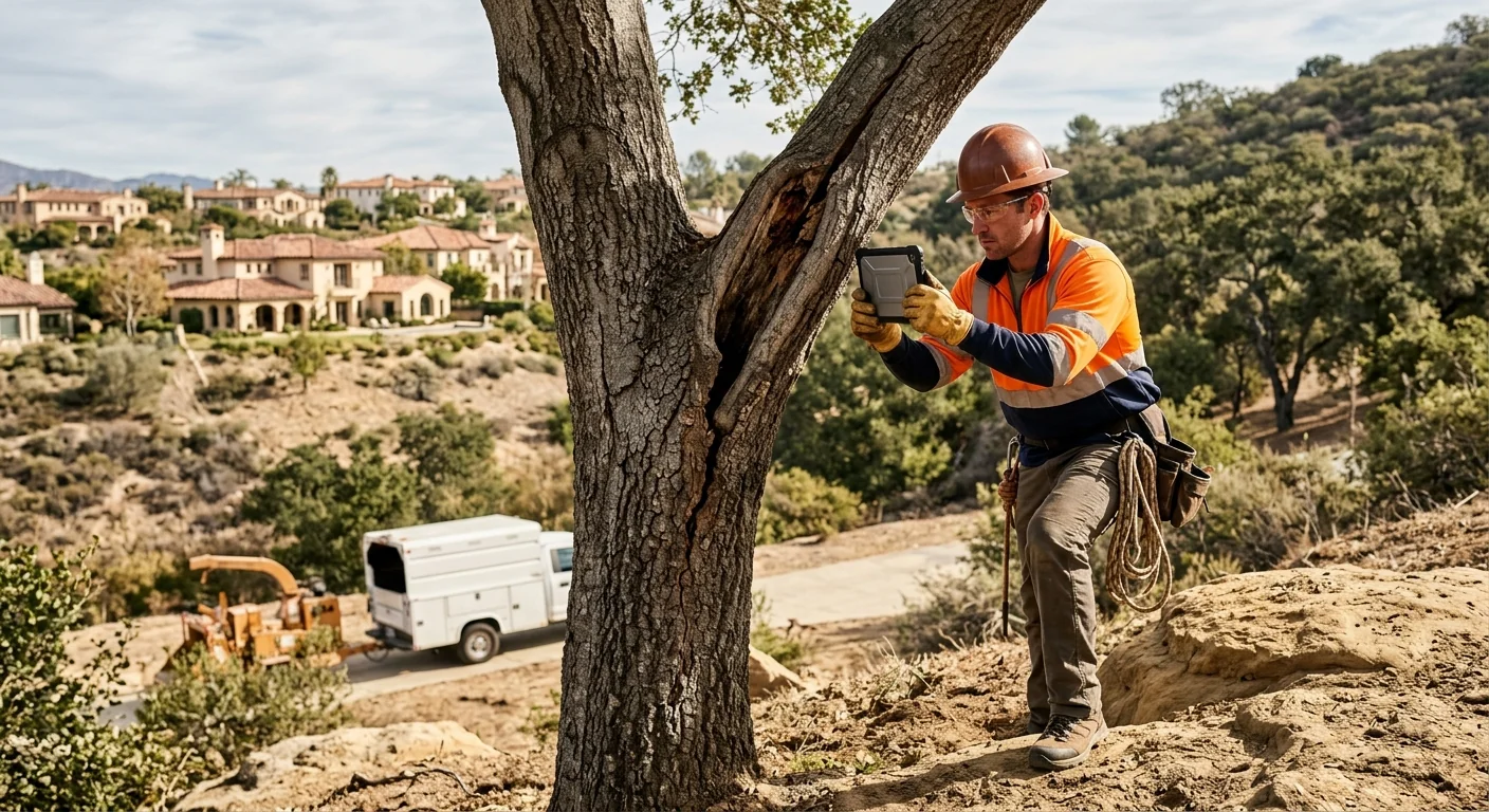 Technician documenting canopy and branch defects on a hillside property near Calabasas homes
