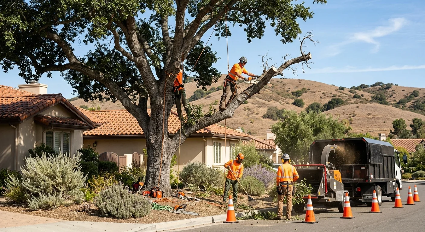 Tree crew pruning a mature oak in a Calabasas yard