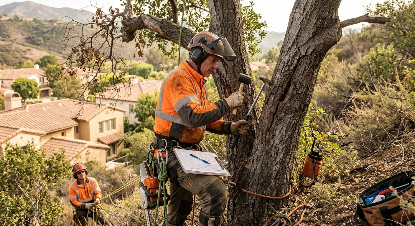 Technician assessing tree health on a hillside property