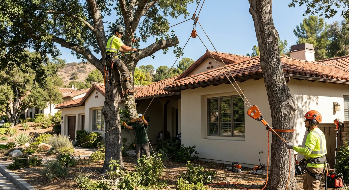 Rigging setup for controlled tree removal near a home