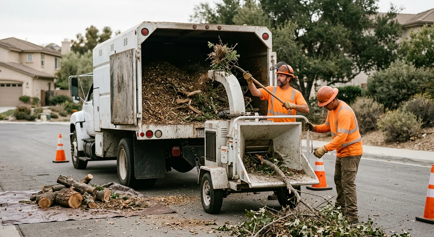 Cleared brush and chipped debris loaded for haul away