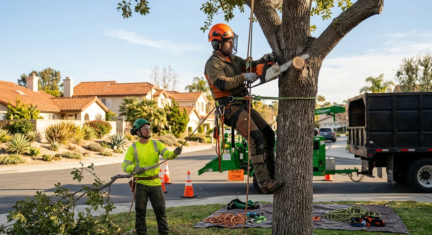 Arborist explaining a pruning plan to a homeowner beside a large tree in Calabasas