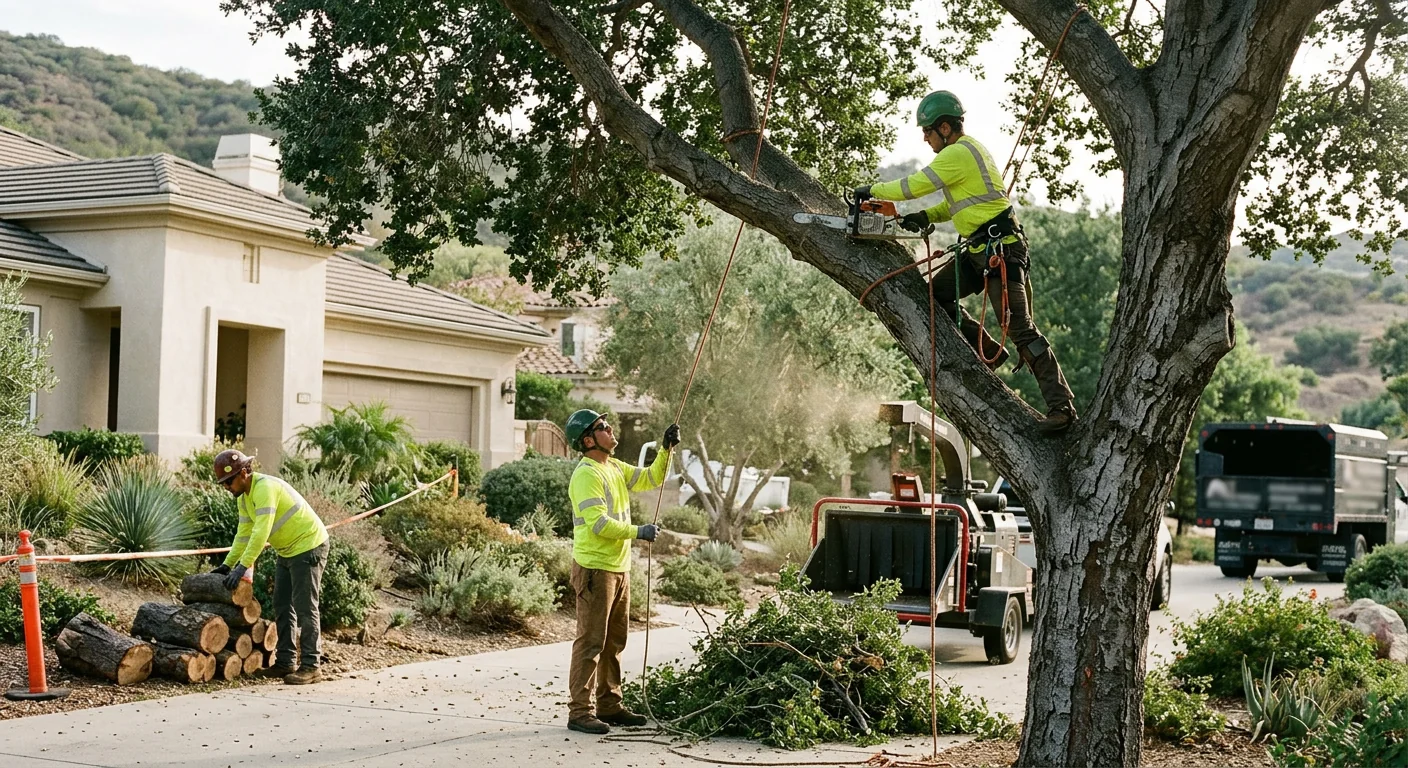 Arborist inspecting a mature oak on a hillside property in Calabasas
