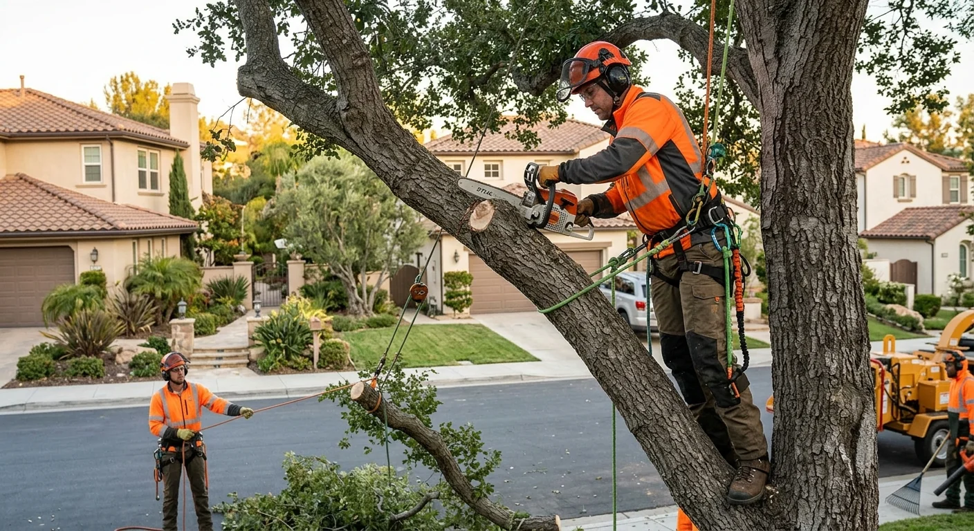 Tree crew reviewing a written estimate with a homeowner beside a shaded Calabasas yard