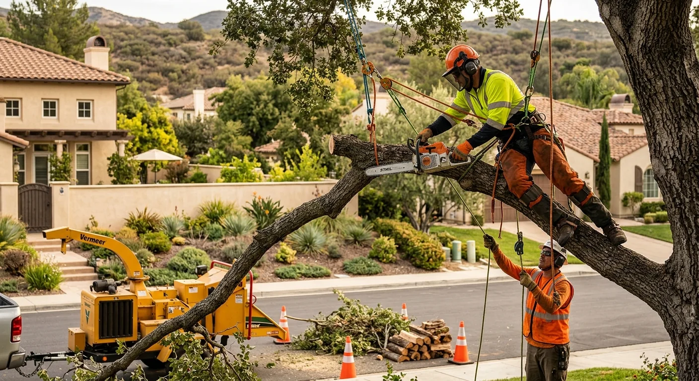 Tree care crew reviewing an estimate with a Calabasas homeowner outdoors