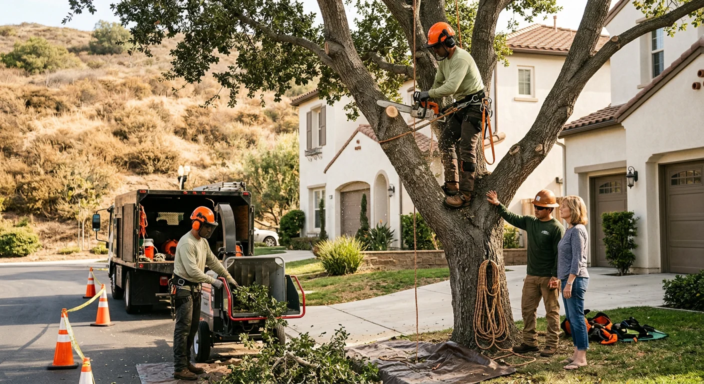 Arborist inspecting a tall oak in a Calabasas yard