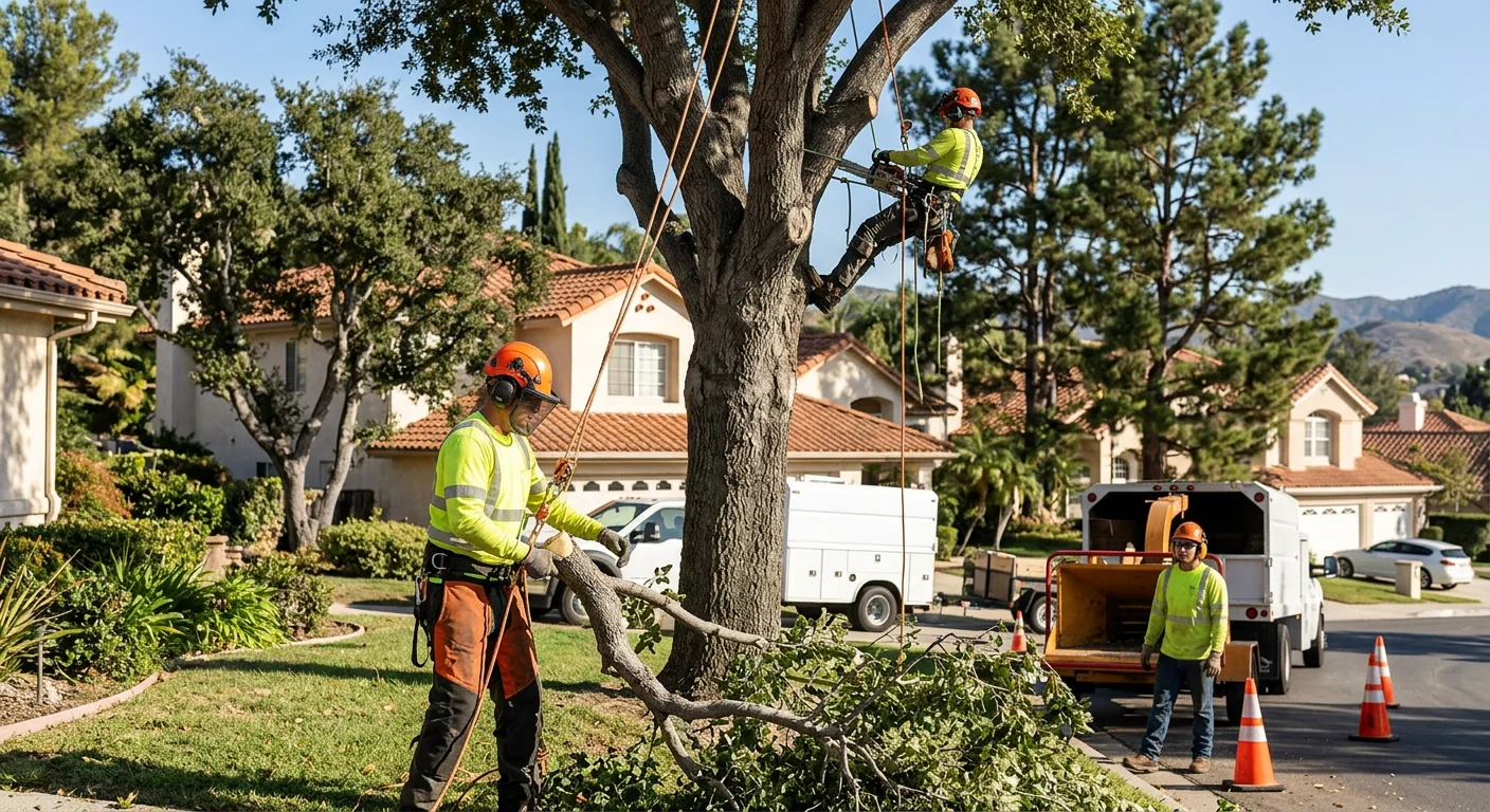 Tree care technician reviewing a written estimate with a Calabasas homeowner in the front yard