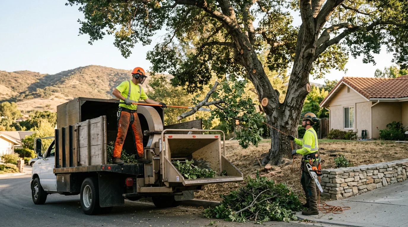 Crew clearing dead branches and brush near a residential Calabasas home
