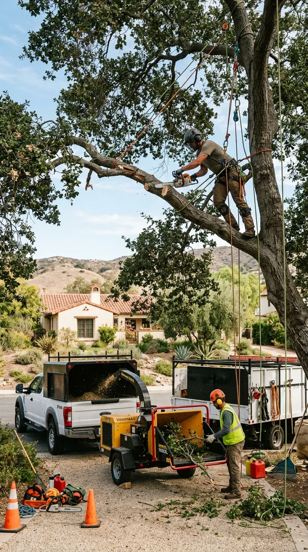 Technician using safe rigging to lower a large limb during tree removal in a Calabasas neighborhood