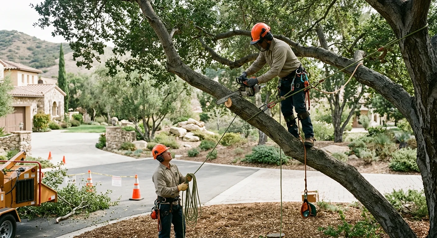 Arborist inspecting a mature oak canopy on a Calabasas hillside property