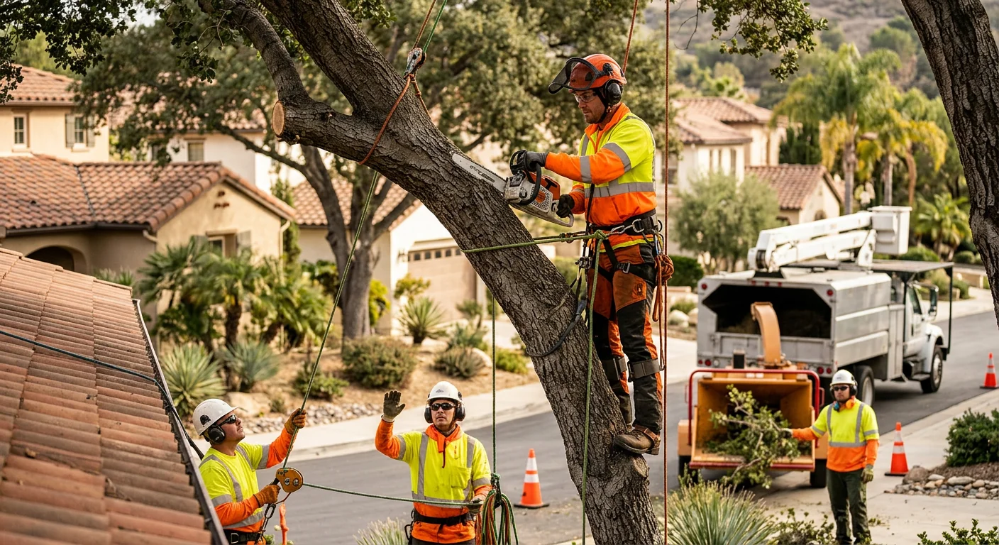 Tree crew reviewing rigging and safety gear before pruning a Calabasas residential oak