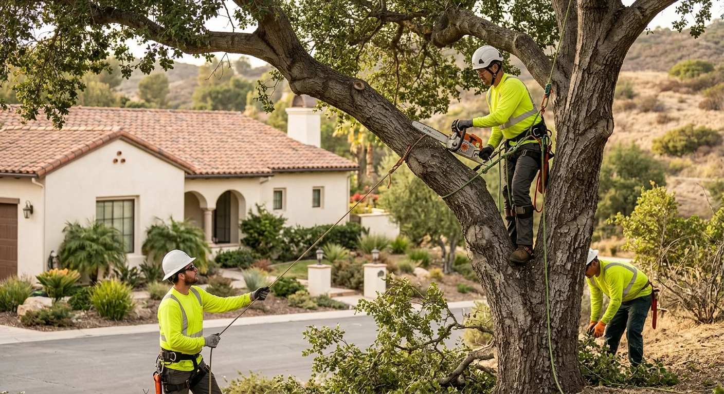 Tree crew rigging a large limb safely above a Calabasas backyard