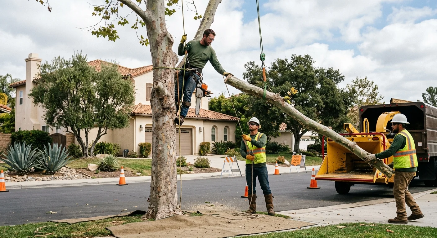 Arborist trimming a tall oak canopy above a Calabasas backyard property