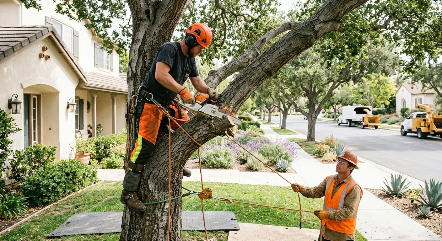 Arborist making a directional pruning cut on a mature oak in a Calabasas yard