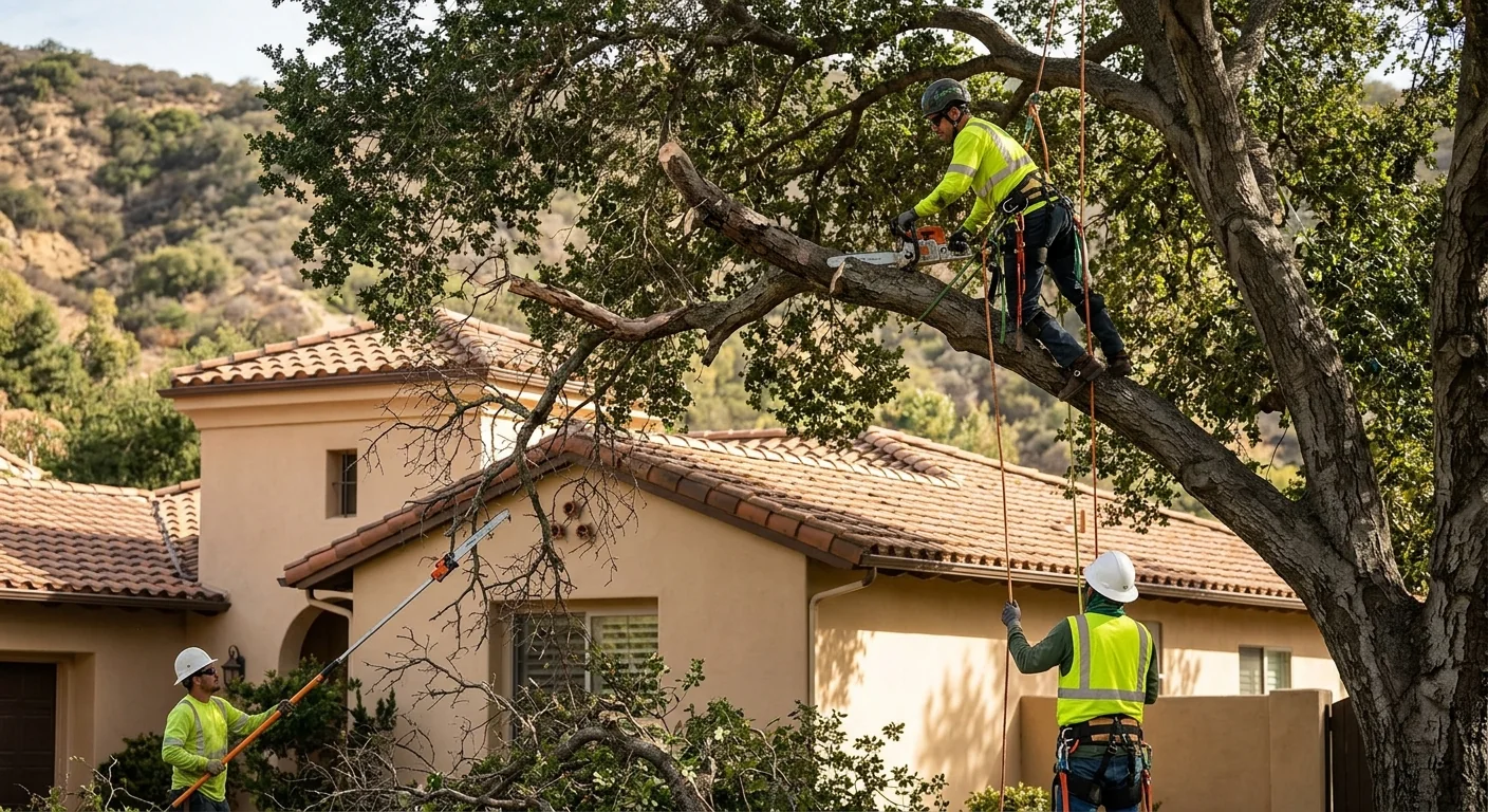 Overgrown tree canopy with dead limbs hanging above a Calabasas home roofline