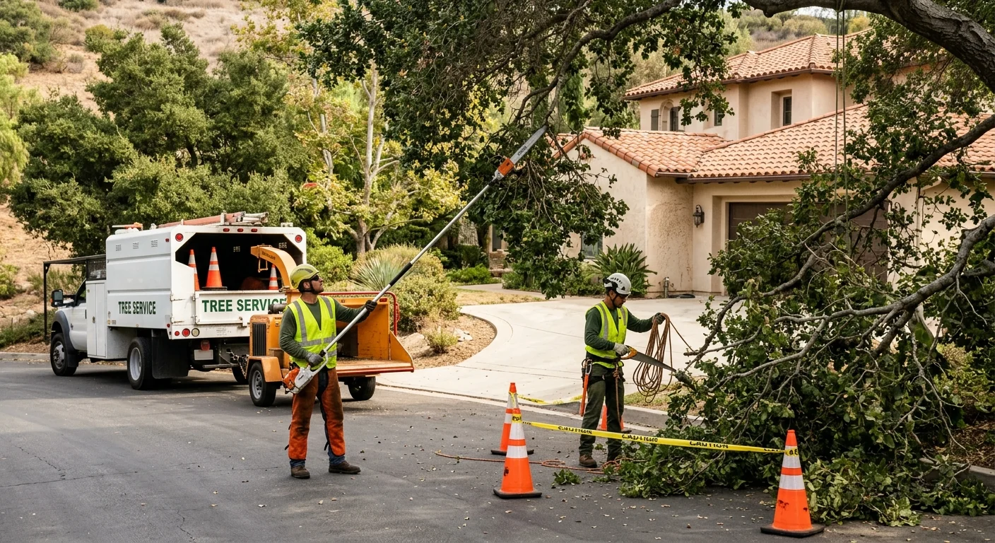Low branches crowding a driveway before scheduled trimming in a Calabasas neighborhood