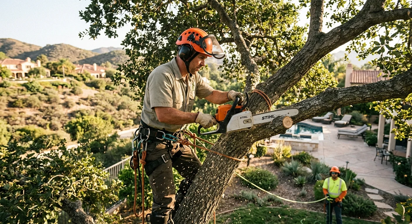 Arborist making a clean reduction cut on an oak canopy above a Calabasas backyard