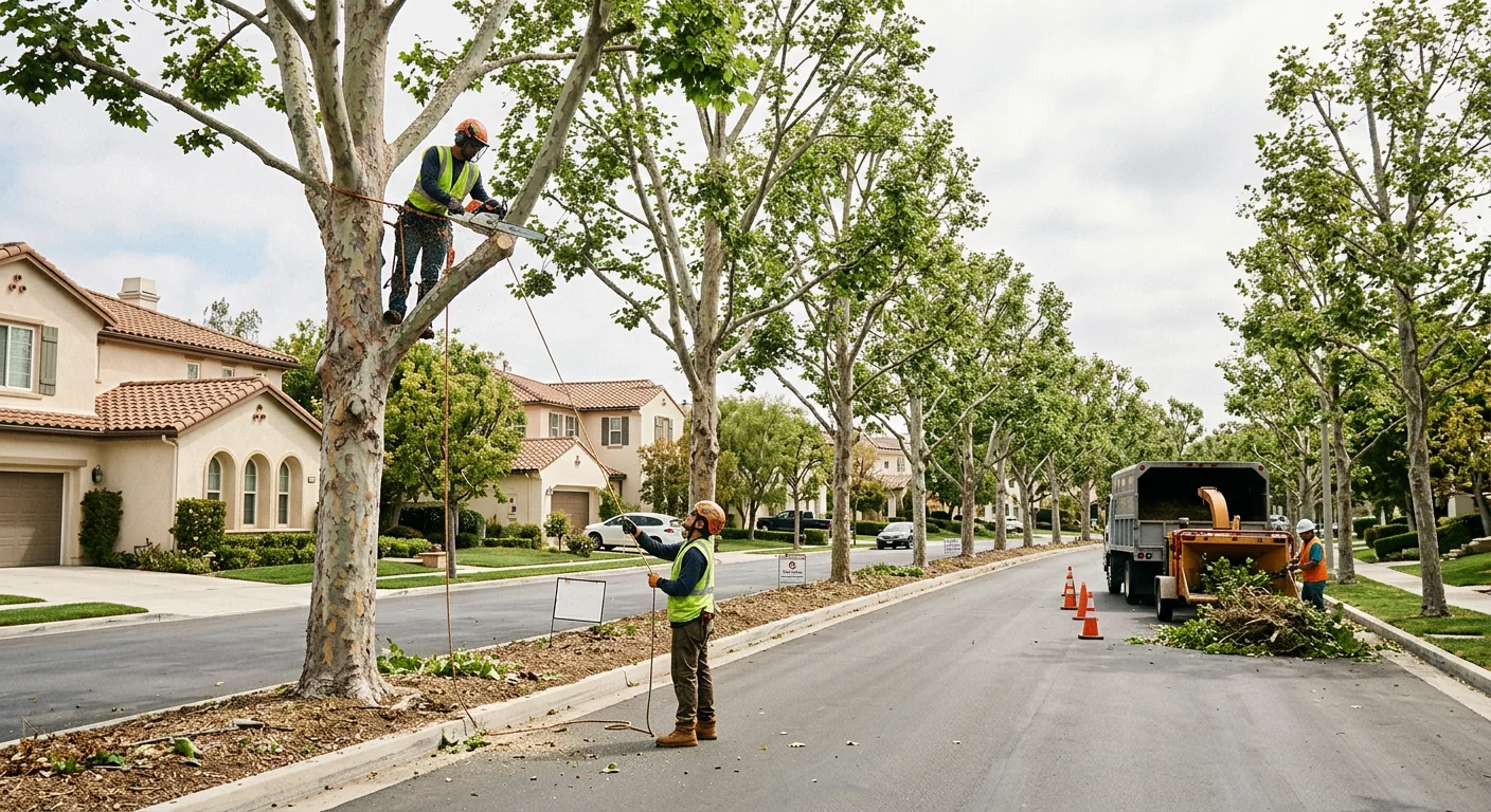 Wide view of a trimmed sycamore row lining a quiet residential street after crown thinning