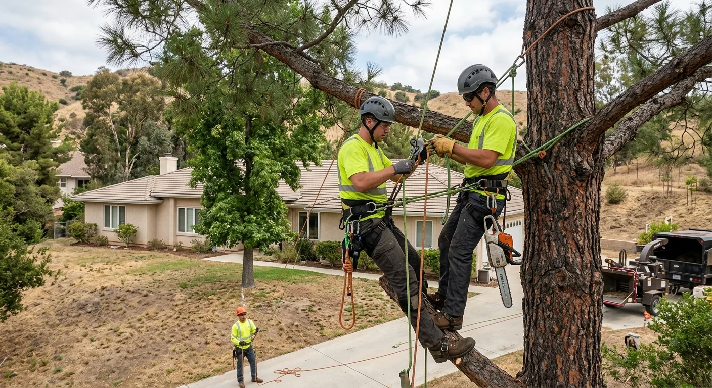 Crew member roped into a tall pine using controlled climbing gear near a hillside home