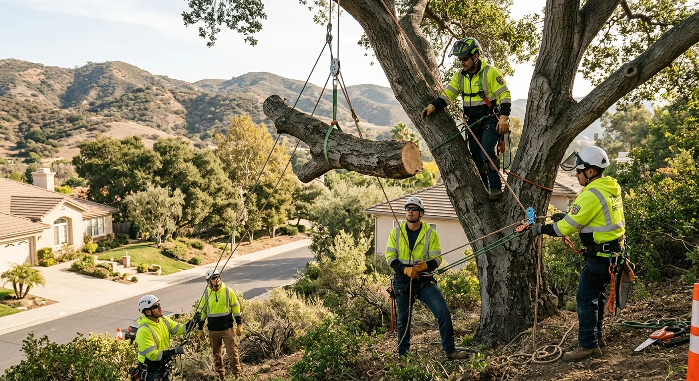 Trained crew rigging a large limb during tree trimming in Calabasas