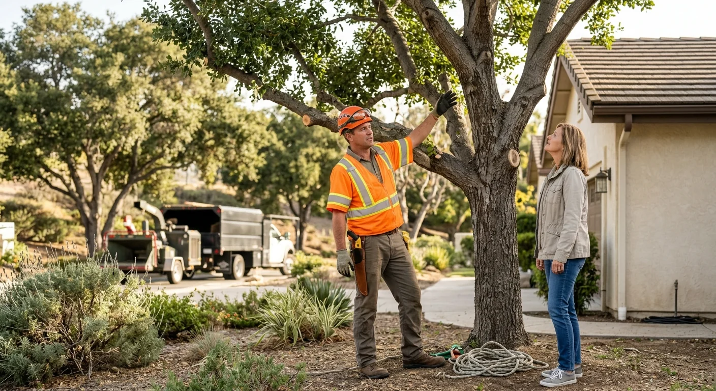 Homeowner reviewing completed canopy work during a post-job walkthrough